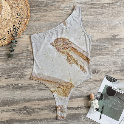 Lycoptera Fish Fossil Print One Shoulder Bodysuit