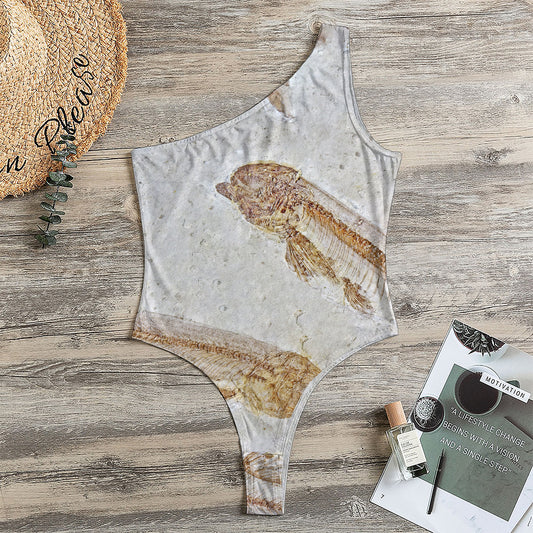 Lycoptera Fish Fossil Print One Shoulder Bodysuit