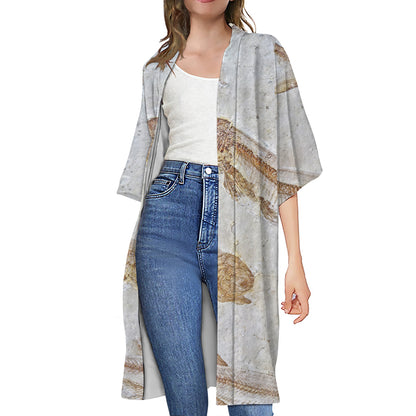 Lycoptera Fish Fossil Print Open Front Beach Cover Up