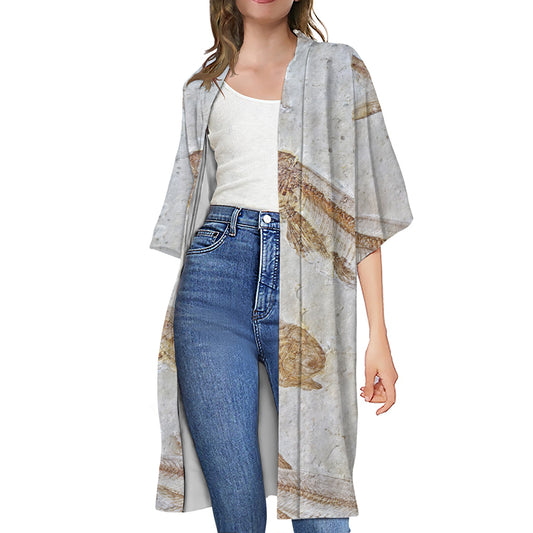 Lycoptera Fish Fossil Print Open Front Beach Cover Up