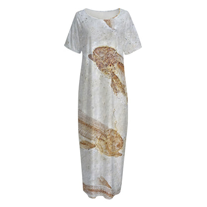 Lycoptera Fish Fossil Print Short Sleeve Long Nightdress