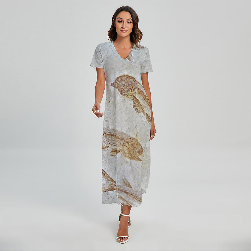 Lycoptera Fish Fossil Print Short Sleeve Maxi Dress