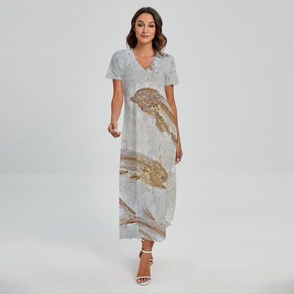 Lycoptera Fish Fossil Print Short Sleeve Maxi Dress