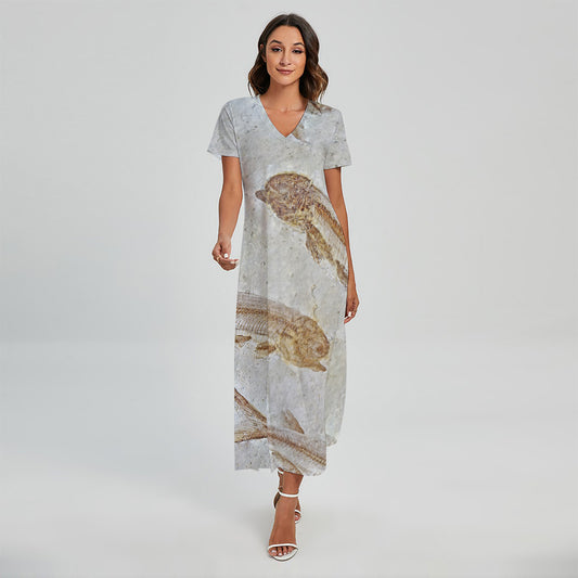 Lycoptera Fish Fossil Print Short Sleeve Maxi Dress