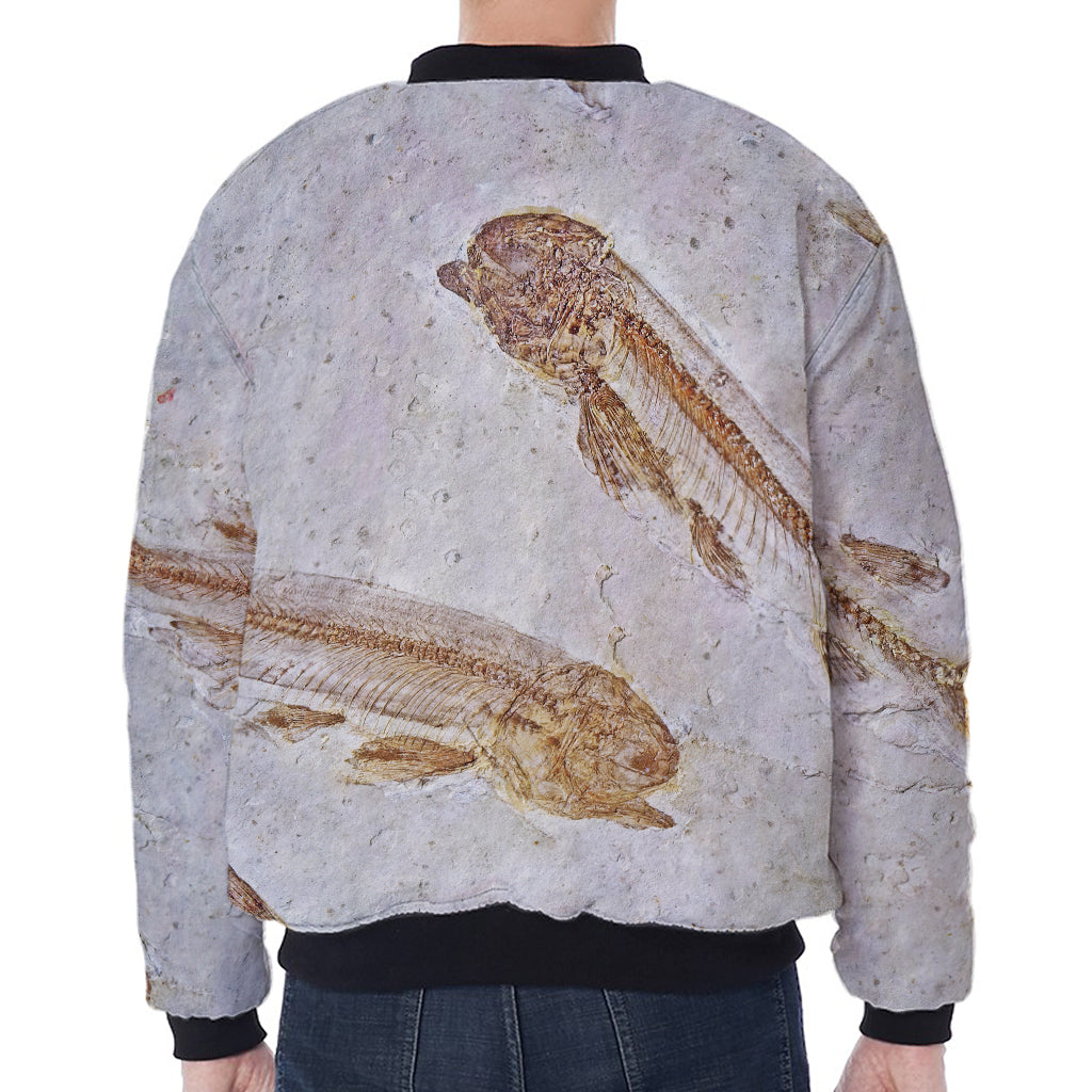 Lycoptera Fish Fossil Print Zip Sleeve Bomber Jacket