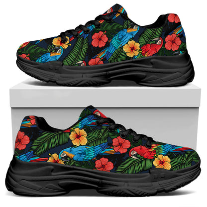 Macaw Parrot Pattern Print Black Chunky Shoes