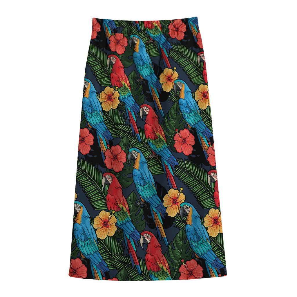 Macaw Parrot Pattern Print Cotton Front Slit Maxi Skirt