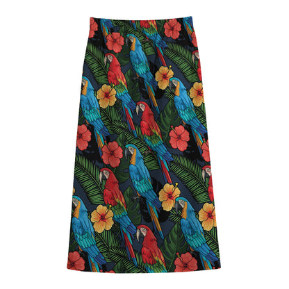 Macaw Parrot Pattern Print Cotton Front Slit Maxi Skirt