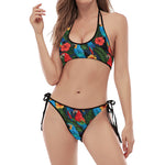 Macaw Parrot Pattern Print Halter Scoop Tie Side Bikini
