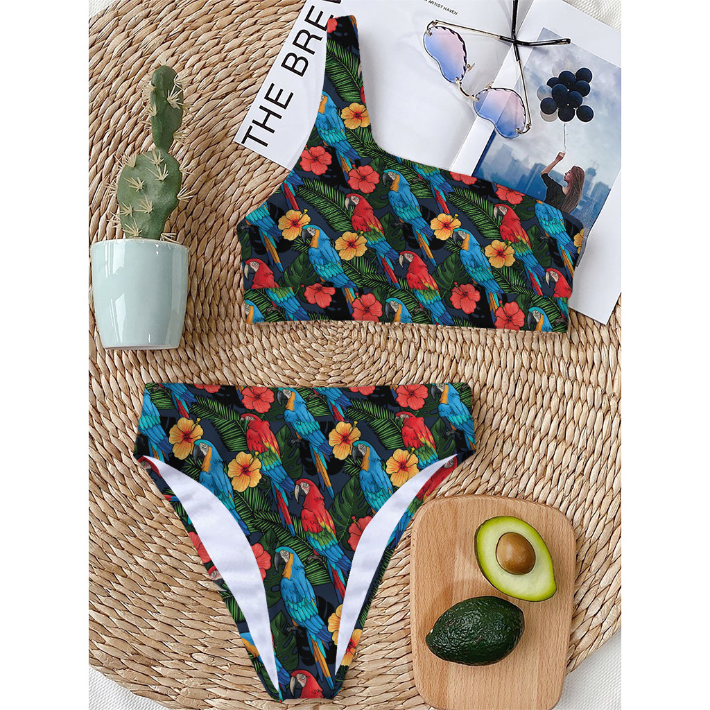 Macaw Parrot Pattern Print One Shoulder Bikini Top