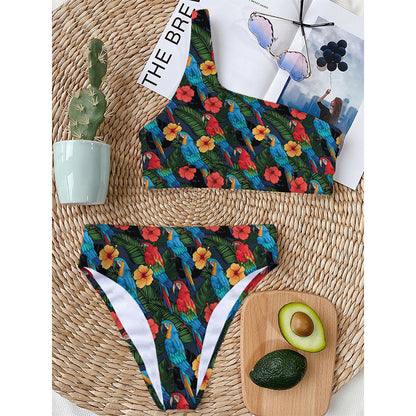 Macaw Parrot Pattern Print One Shoulder Bikini Top