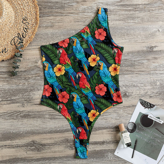 Macaw Parrot Pattern Print One Shoulder Bodysuit