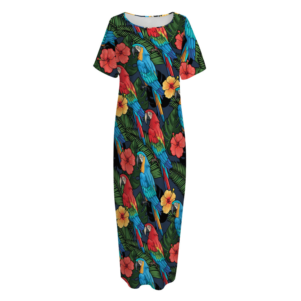 Macaw Parrot Pattern Print Short Sleeve Long Nightdress