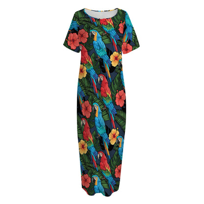 Macaw Parrot Pattern Print Short Sleeve Long Nightdress