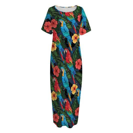 Macaw Parrot Pattern Print Short Sleeve Long Nightdress
