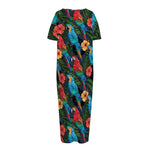 Macaw Parrot Pattern Print Short Sleeve Long Nightdress