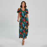 Macaw Parrot Pattern Print Short Sleeve Maxi Dress