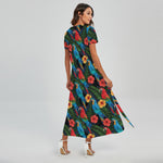 Macaw Parrot Pattern Print Short Sleeve Maxi Dress