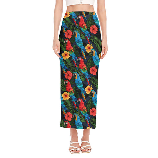 Macaw Parrot Pattern Print Side Slit Maxi Skirt