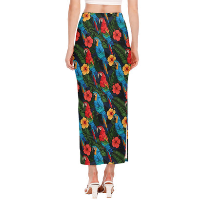 Macaw Parrot Pattern Print Side Slit Maxi Skirt