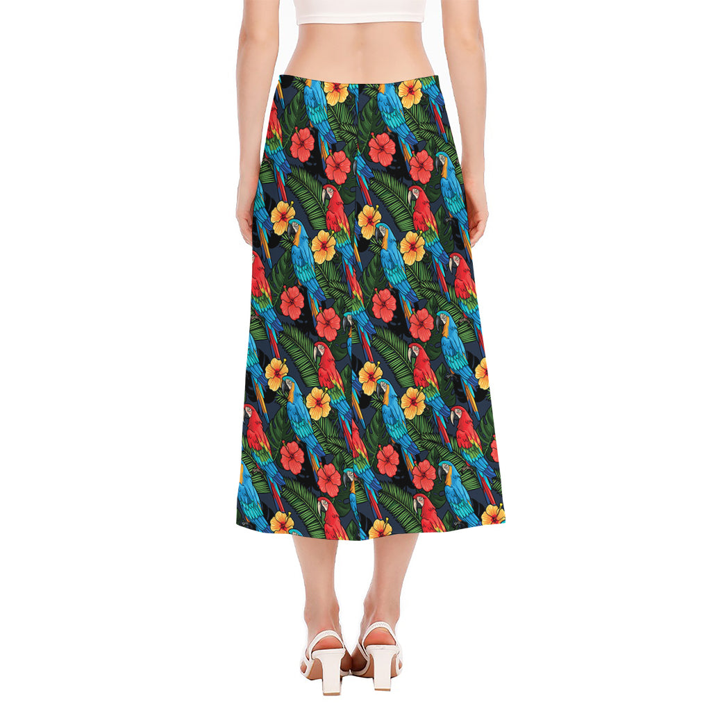 Macaw Parrot Pattern Print Side Slit Midi Skirt