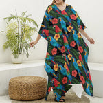 Macaw Parrot Pattern Print Silk V-Neck Kaftan Dress