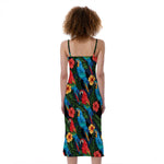 Macaw Parrot Pattern Print Slim Fit Midi Cami Dress
