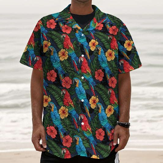 Macaw Parrot Pattern Print Textured Short Sleeve Shirt