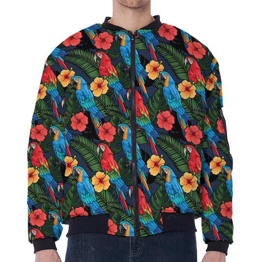 Macaw Parrot Pattern Print Zip Sleeve Bomber Jacket
