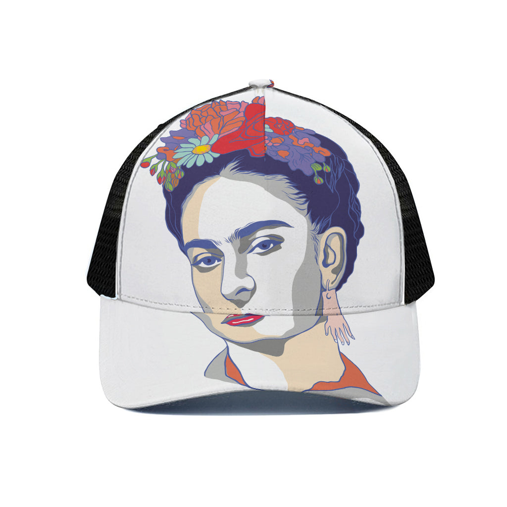 Magdalena Carmen Frida Kahlo Print Black Mesh Trucker Cap