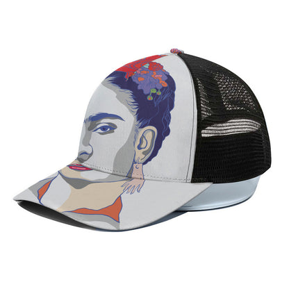 Magdalena Carmen Frida Kahlo Print Black Mesh Trucker Cap