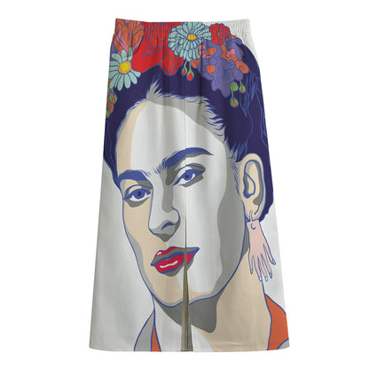 Magdalena Carmen Frida Kahlo Print Cotton Front Slit Maxi Skirt