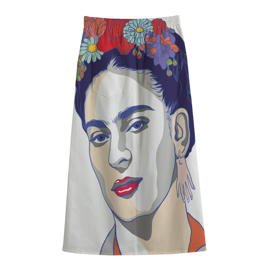Magdalena Carmen Frida Kahlo Print Cotton Front Slit Maxi Skirt