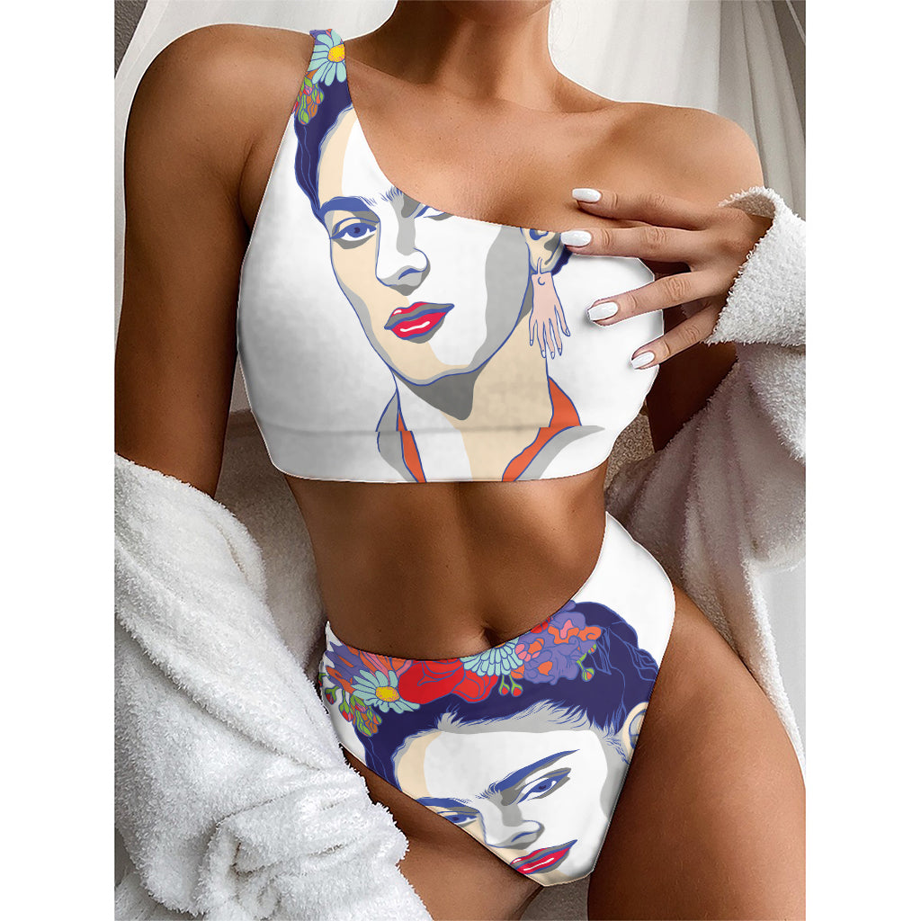 Magdalena Carmen Frida Kahlo Print One Shoulder Bikini Top