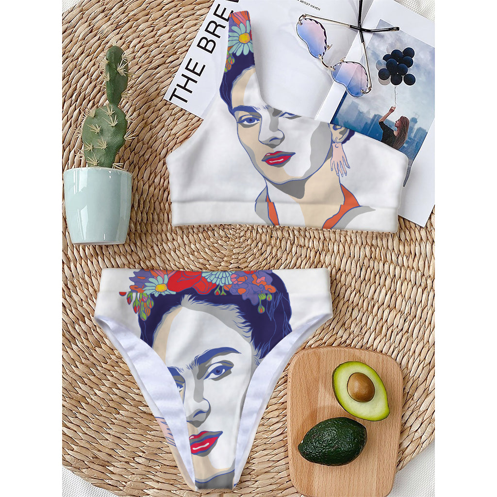 Magdalena Carmen Frida Kahlo Print One Shoulder Bikini Top