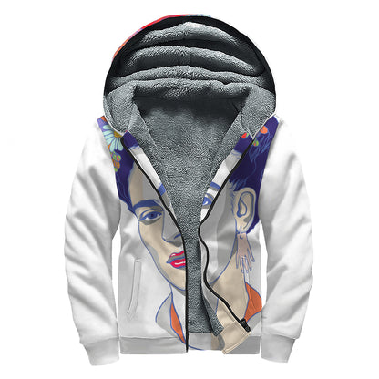Magdalena Carmen Frida Kahlo Print Sherpa Lined Zip Up Hoodie