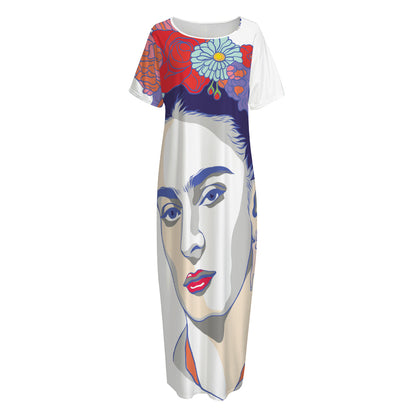 Magdalena Carmen Frida Kahlo Print Short Sleeve Long Nightdress