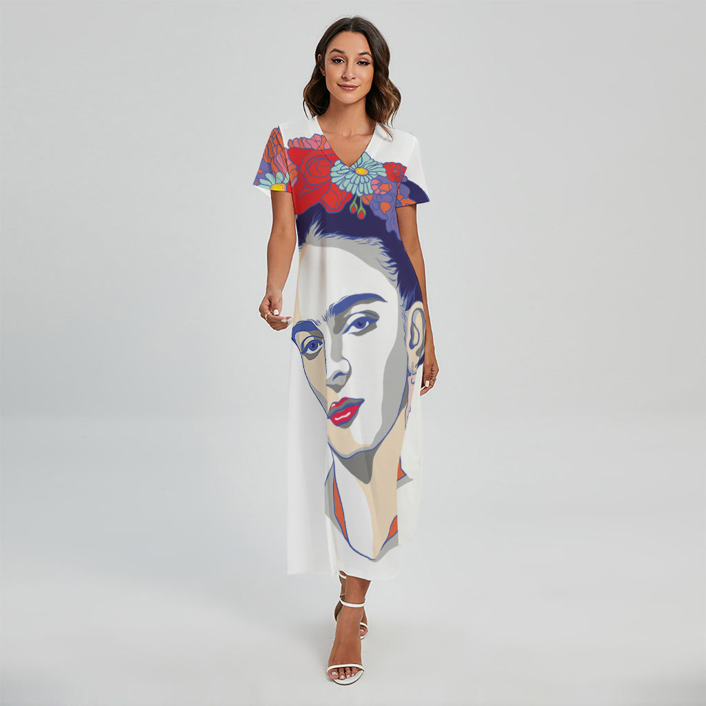 Magdalena Carmen Frida Kahlo Print Short Sleeve Maxi Dress