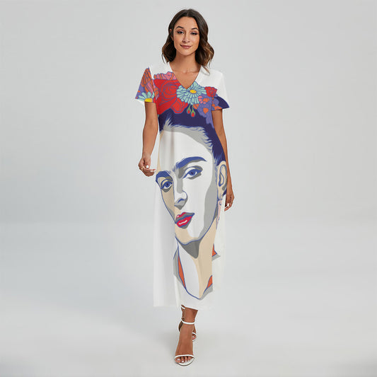 Magdalena Carmen Frida Kahlo Print Short Sleeve Maxi Dress