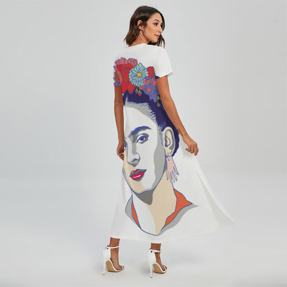 Magdalena Carmen Frida Kahlo Print Short Sleeve Maxi Dress