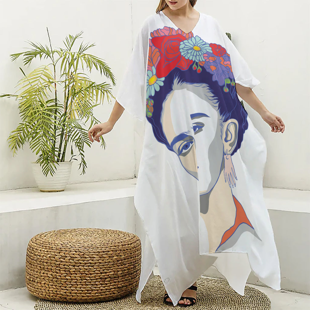 Magdalena Carmen Frida Kahlo Print Silk V-Neck Kaftan Dress
