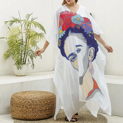 Magdalena Carmen Frida Kahlo Print Silk V-Neck Kaftan Dress