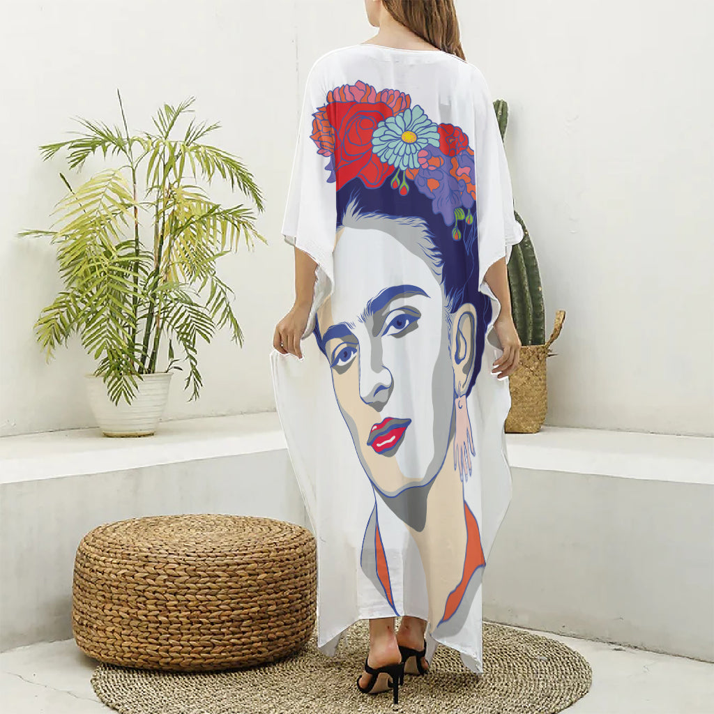 Magdalena Carmen Frida Kahlo Print Silk V-Neck Kaftan Dress