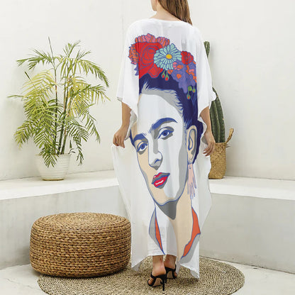 Magdalena Carmen Frida Kahlo Print Silk V-Neck Kaftan Dress