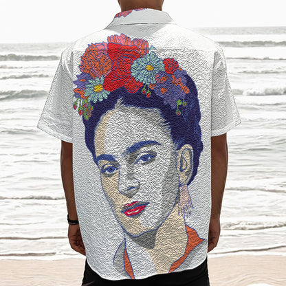 Magdalena Carmen Frida Kahlo Print Textured Short Sleeve Shirt