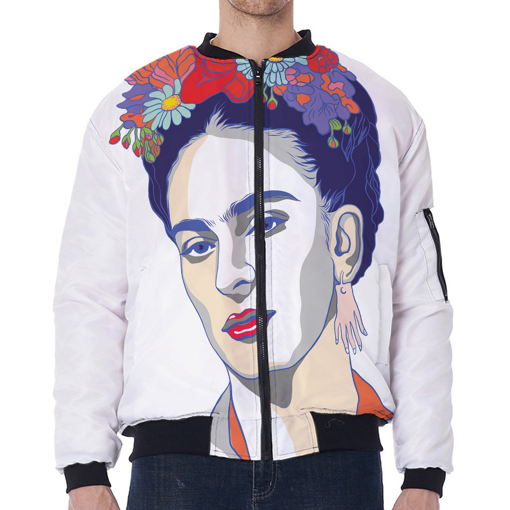 Magdalena Carmen Frida Kahlo Print Zip Sleeve Bomber Jacket