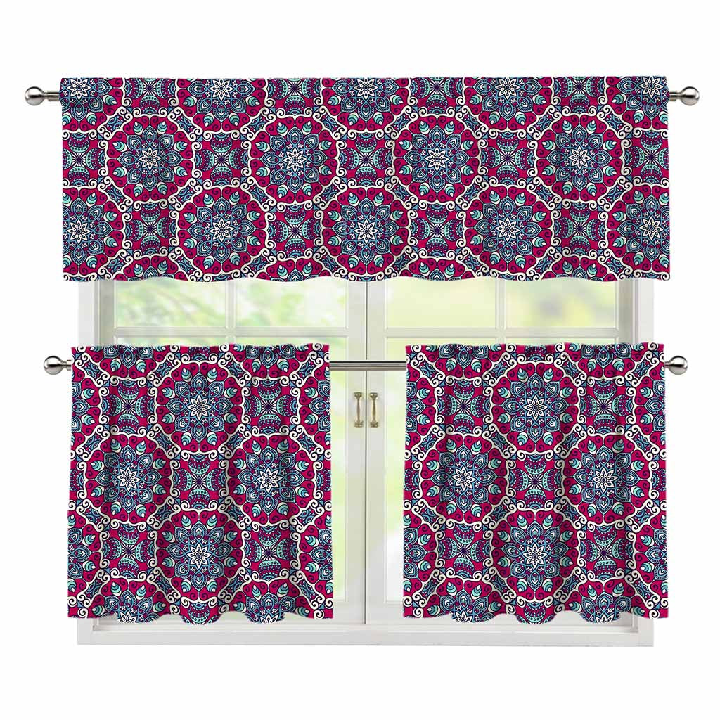 Magenta Mandala Bohemian Pattern Print 3 Piece Kitchen Curtains