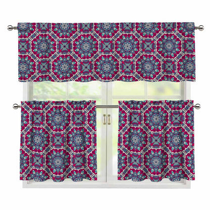 Magenta Mandala Bohemian Pattern Print 3 Piece Kitchen Curtains