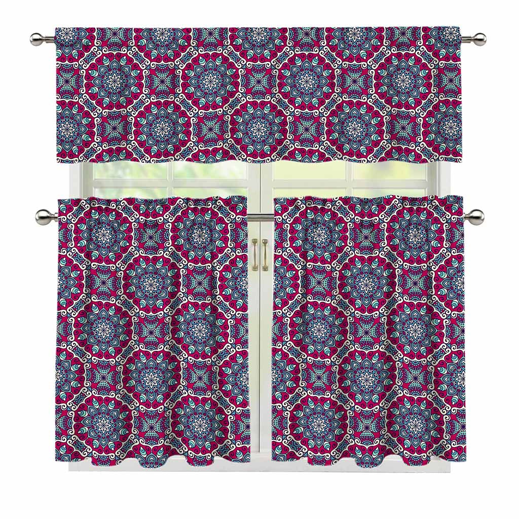 Magenta Mandala Bohemian Pattern Print 3 Piece Kitchen Curtains