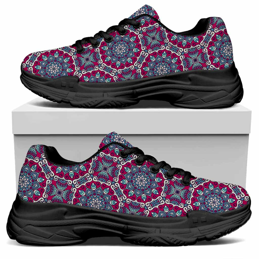 Magenta Mandala Bohemian Pattern Print Black Chunky Shoes